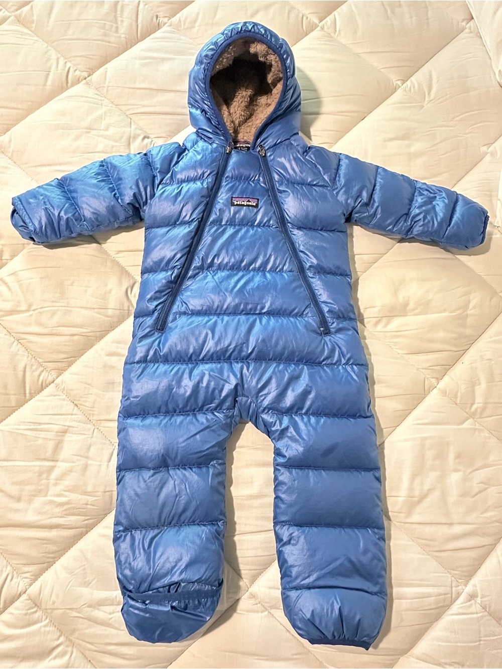 Patagonia Blue Puffy Insulated Baby Snowsuit with Hood
